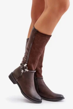 Sale Boto Ocieplane Kozaki Na Płaskim Obcasie Z Ozdobną Klamrą Brązowe Leatharia Brązowy