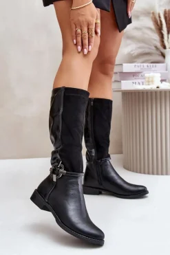 Damskie Boto Ocieplane Kozaki Na Płaskim Obcasie Z Ozdobną Klamrą Czarne Leatharia