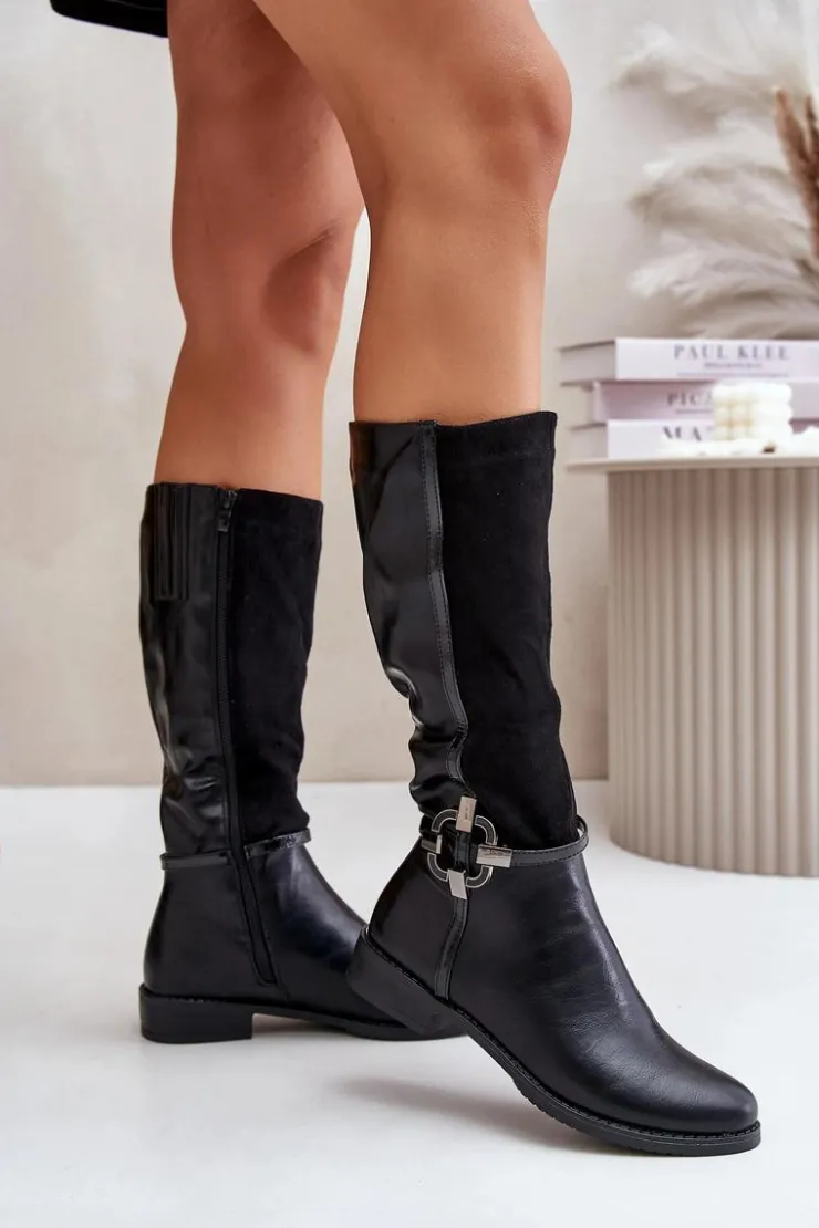 Damskie Boto Ocieplane Kozaki Na Płaskim Obcasie Z Ozdobną Klamrą Czarne Leatharia