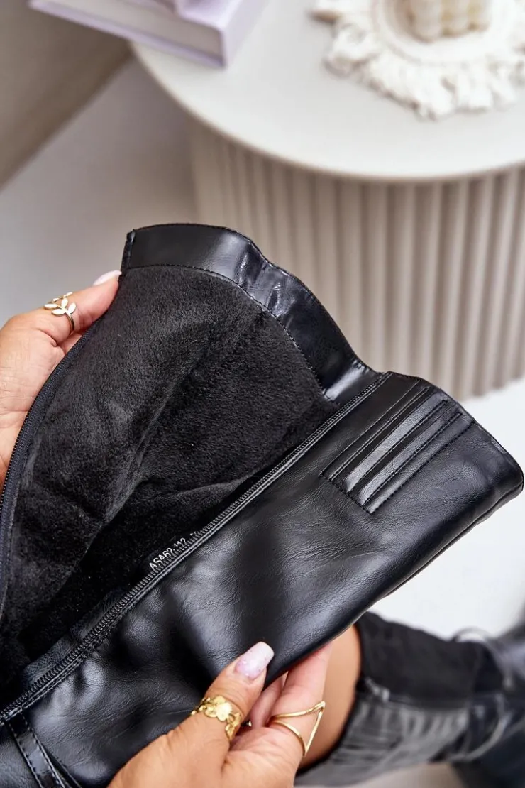 Damskie Boto Ocieplane Kozaki Na Płaskim Obcasie Z Ozdobną Klamrą Czarne Leatharia