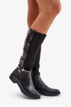Damskie Boto Ocieplane Kozaki Na Płaskim Obcasie Z Ozdobną Klamrą Czarne Leatharia