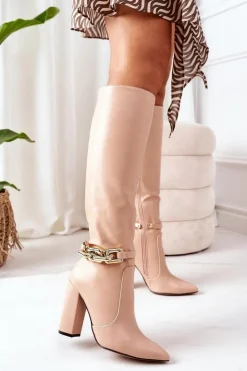 New Boto Ocieplane Kozaki Na Słupku Z Łańcuchem Nude Franti