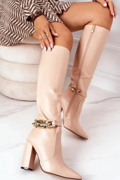 New Boto Ocieplane Kozaki Na Słupku Z Łańcuchem Nude Franti