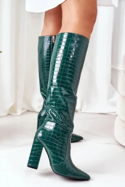 Damskie Boto Ocieplane Kozaki Na Słupku Zielone Larissa