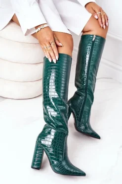 Damskie Boto Ocieplane Kozaki Na Słupku Zielone Larissa