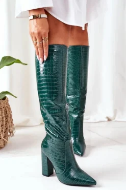 Damskie Boto Ocieplane Kozaki Na Słupku Zielone Larissa