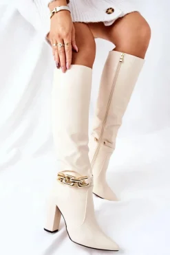 Damskie Boto Ocieplane Kozaki Na Słupku Z Łańcuchem Beżowe Franti