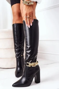 Damskie Boto Ocieplane Kozaki Na Słupku Z Łańcuchem Czarne Franti