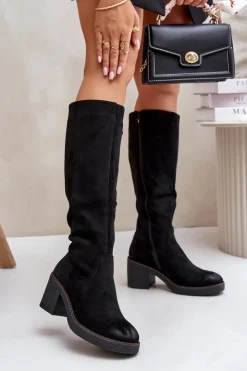 Boto Kozaki Ocieplane|Kozaki Na Słupku*Ocieplane Kozaki Na Słupku Eko Zamszowe Przed Kolano Czarne Leamirael Czarny