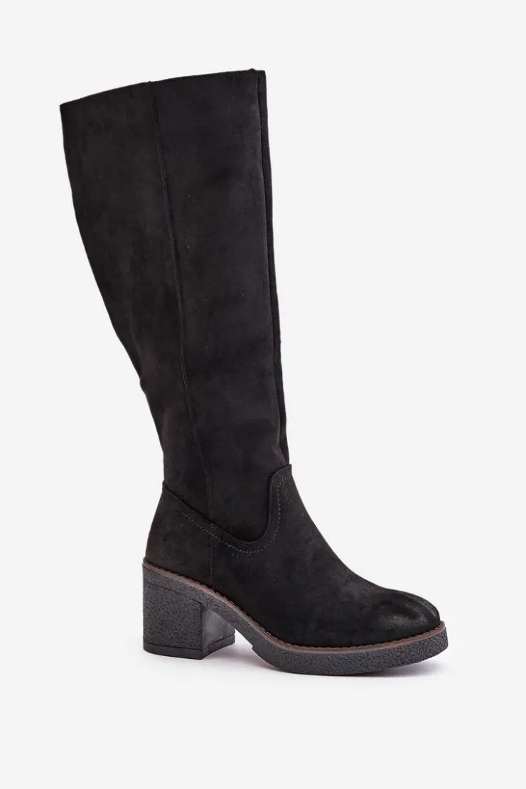 Boto Kozaki Ocieplane|Kozaki Na Słupku*Ocieplane Kozaki Na Słupku Eko Zamszowe Przed Kolano Czarne Leamirael Czarny