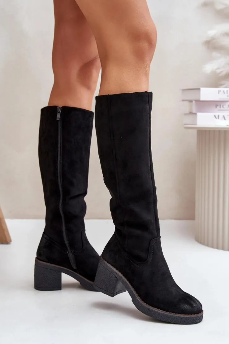 Boto Kozaki Ocieplane|Kozaki Na Słupku*Ocieplane Kozaki Na Słupku Eko Zamszowe Przed Kolano Czarne Leamirael Czarny