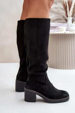 Boto Kozaki Ocieplane|Kozaki Na Słupku*Ocieplane Kozaki Na Słupku Eko Zamszowe Przed Kolano Czarne Leamirael Czarny