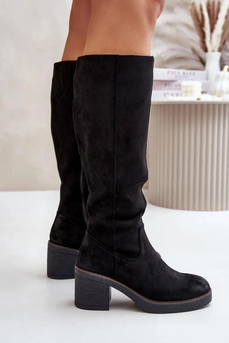 Boto Kozaki Ocieplane|Kozaki Na Słupku*Ocieplane Kozaki Na Słupku Eko Zamszowe Przed Kolano Czarne Leamirael Czarny