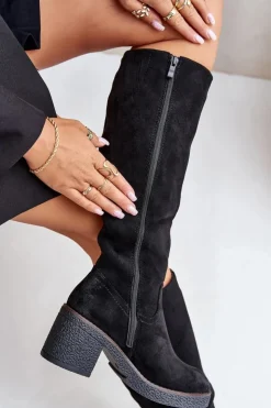 Boto Kozaki Ocieplane|Kozaki Na Słupku*Ocieplane Kozaki Na Słupku Eko Zamszowe Przed Kolano Czarne Leamirael Czarny