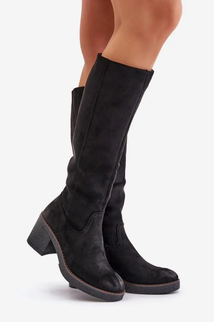 Boto Kozaki Ocieplane|Kozaki Na Słupku*Ocieplane Kozaki Na Słupku Eko Zamszowe Przed Kolano Czarne Leamirael Czarny