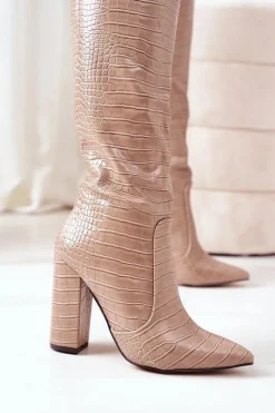 Discount Boto Ocieplane Kozaki Na Słupku Beżowe Larissa