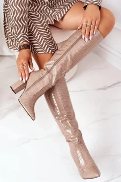 Discount Boto Ocieplane Kozaki Na Słupku Beżowe Larissa