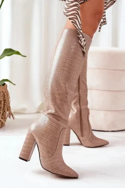 Discount Boto Ocieplane Kozaki Na Słupku Beżowe Larissa