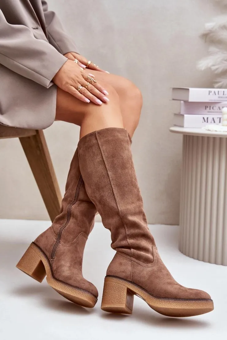 Damskie Boto Ocieplane Kozaki Na Słupku Eko Zamszowe Przed Kolano Brązowe Leamirael