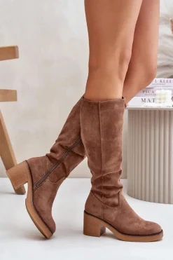 Damskie Boto Ocieplane Kozaki Na Słupku Eko Zamszowe Przed Kolano Brązowe Leamirael