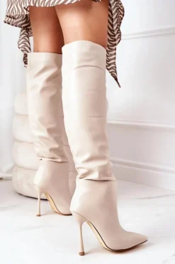 Damskie Boto Ocieplane Kozaki Na Szpilce Beżowe Dionne