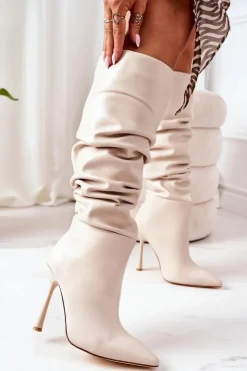 Damskie Boto Ocieplane Kozaki Na Szpilce Beżowe Dionne