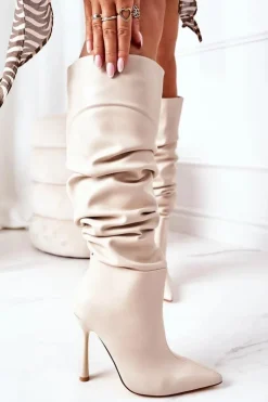 Damskie Boto Ocieplane Kozaki Na Szpilce Beżowe Dionne