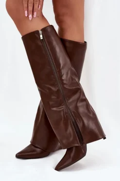 Boto Ocieplane Kozaki Na Szpilce Z Wywiniętą Cholewką Czekoladowe Tamonia Brązowy
