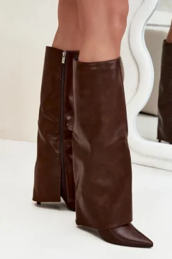 Boto Ocieplane Kozaki Na Szpilce Z Wywiniętą Cholewką Czekoladowe Tamonia Brązowy