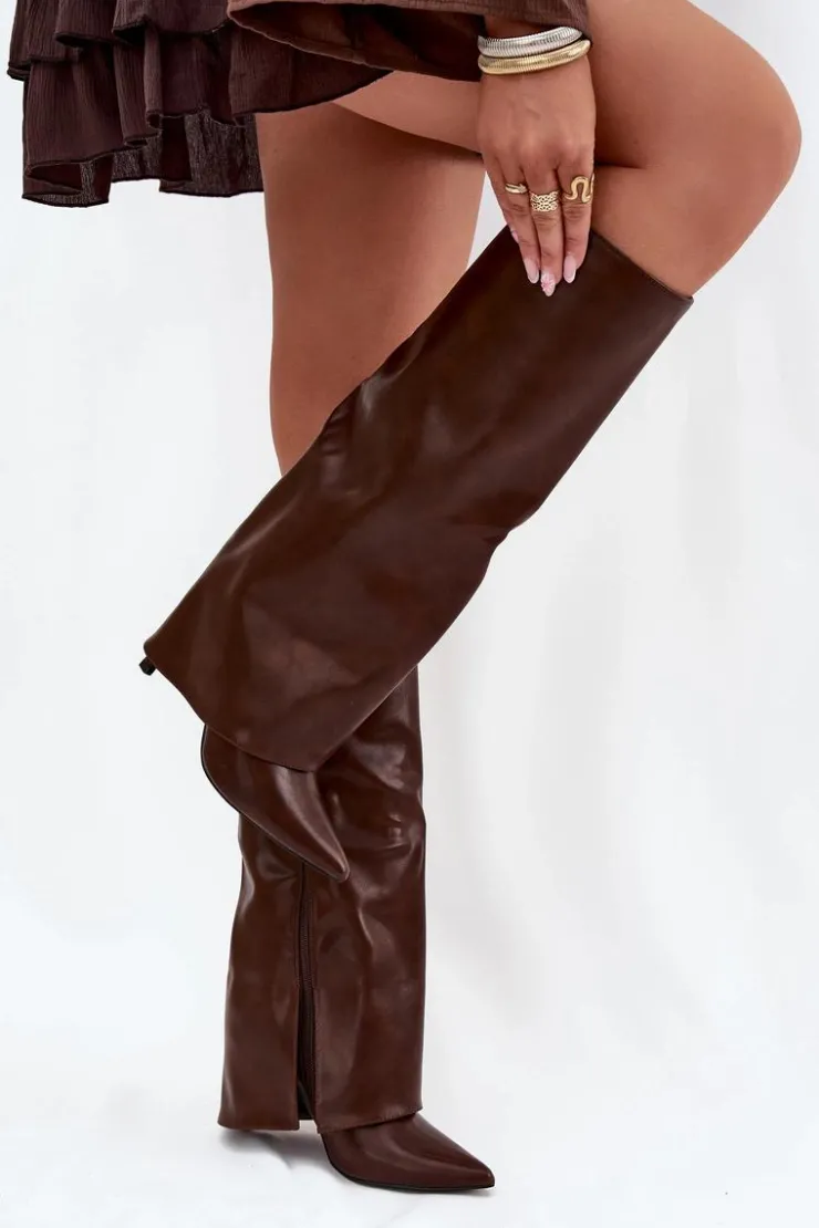 Boto Ocieplane Kozaki Na Szpilce Z Wywiniętą Cholewką Czekoladowe Tamonia Brązowy