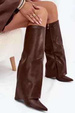 Boto Ocieplane Kozaki Na Szpilce Z Wywiniętą Cholewką Czekoladowe Tamonia Brązowy
