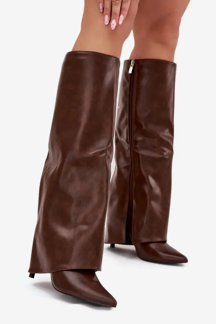 Boto Ocieplane Kozaki Na Szpilce Z Wywiniętą Cholewką Czekoladowe Tamonia Brązowy