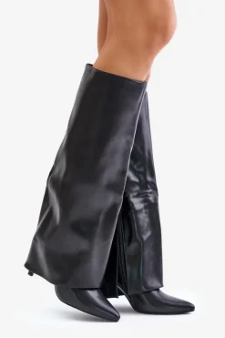 Damskie Boto Ocieplane Kozaki Na Szpilce Z Wywiniętą Cholewką Czarne Tamonia