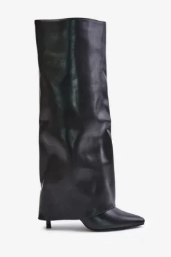 Damskie Boto Ocieplane Kozaki Na Szpilce Z Wywiniętą Cholewką Czarne Tamonia