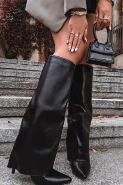 Damskie Boto Ocieplane Kozaki Na Szpilce Z Wywiniętą Cholewką Czarne Tamonia