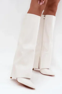 Damskie Boto Ocieplane Kozaki Na Szpilce Z Wywiniętą Cholewką Białe Tamonia