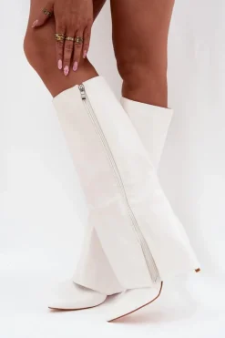 Damskie Boto Ocieplane Kozaki Na Szpilce Z Wywiniętą Cholewką Białe Tamonia