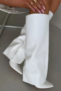 Damskie Boto Ocieplane Kozaki Na Szpilce Z Wywiniętą Cholewką Białe Tamonia