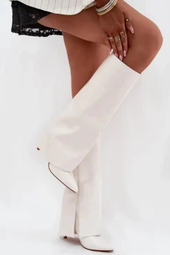 Damskie Boto Ocieplane Kozaki Na Szpilce Z Wywiniętą Cholewką Białe Tamonia