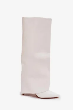 Damskie Boto Ocieplane Kozaki Na Szpilce Z Wywiniętą Cholewką Białe Tamonia