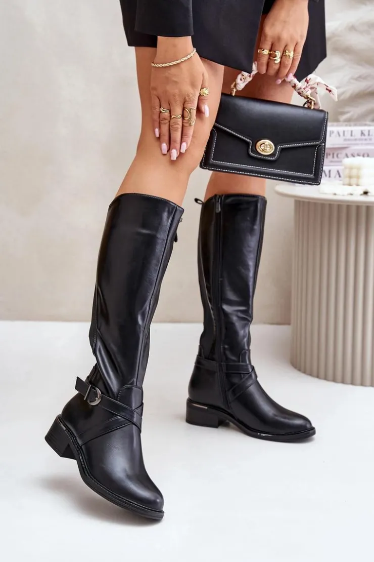 Discount Evento Ocieplane Kozaki Przed Kolano Z Klamrą Na Zamek Czarne Seavella