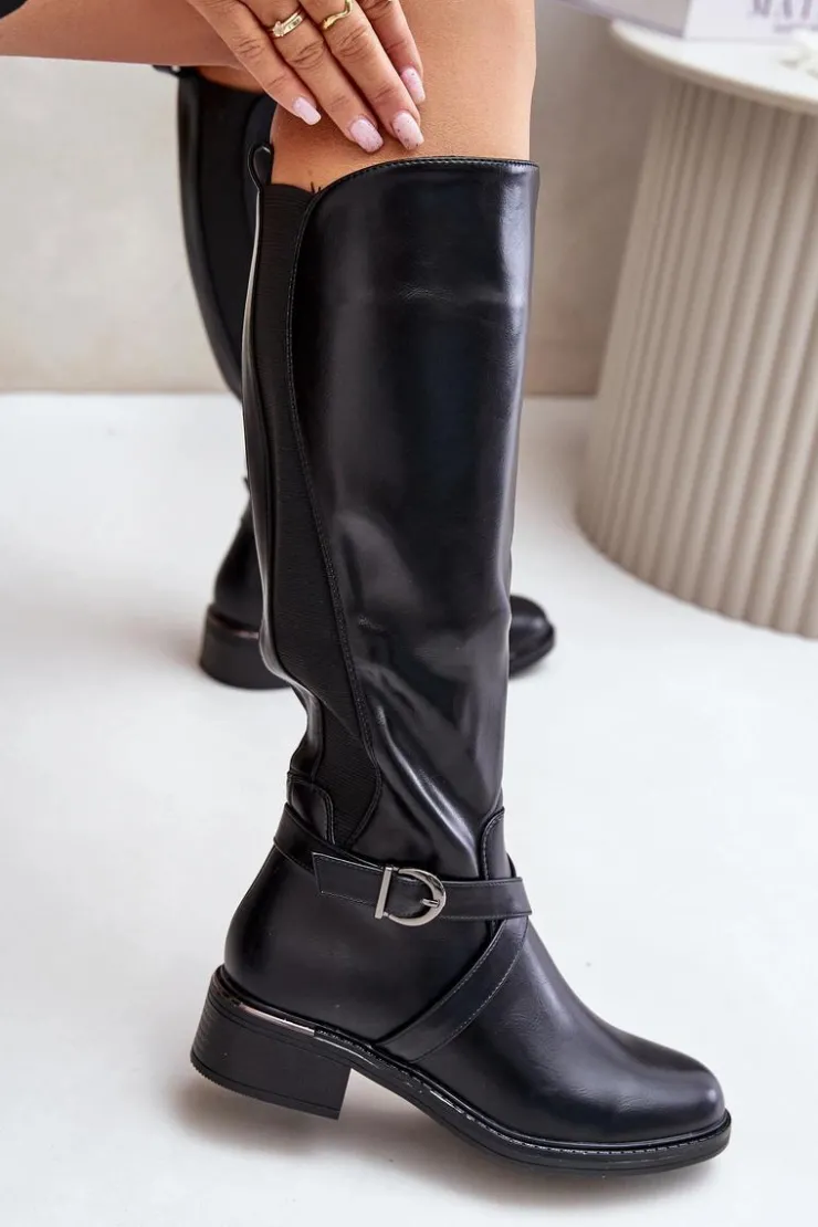 Discount Evento Ocieplane Kozaki Przed Kolano Z Klamrą Na Zamek Czarne Seavella