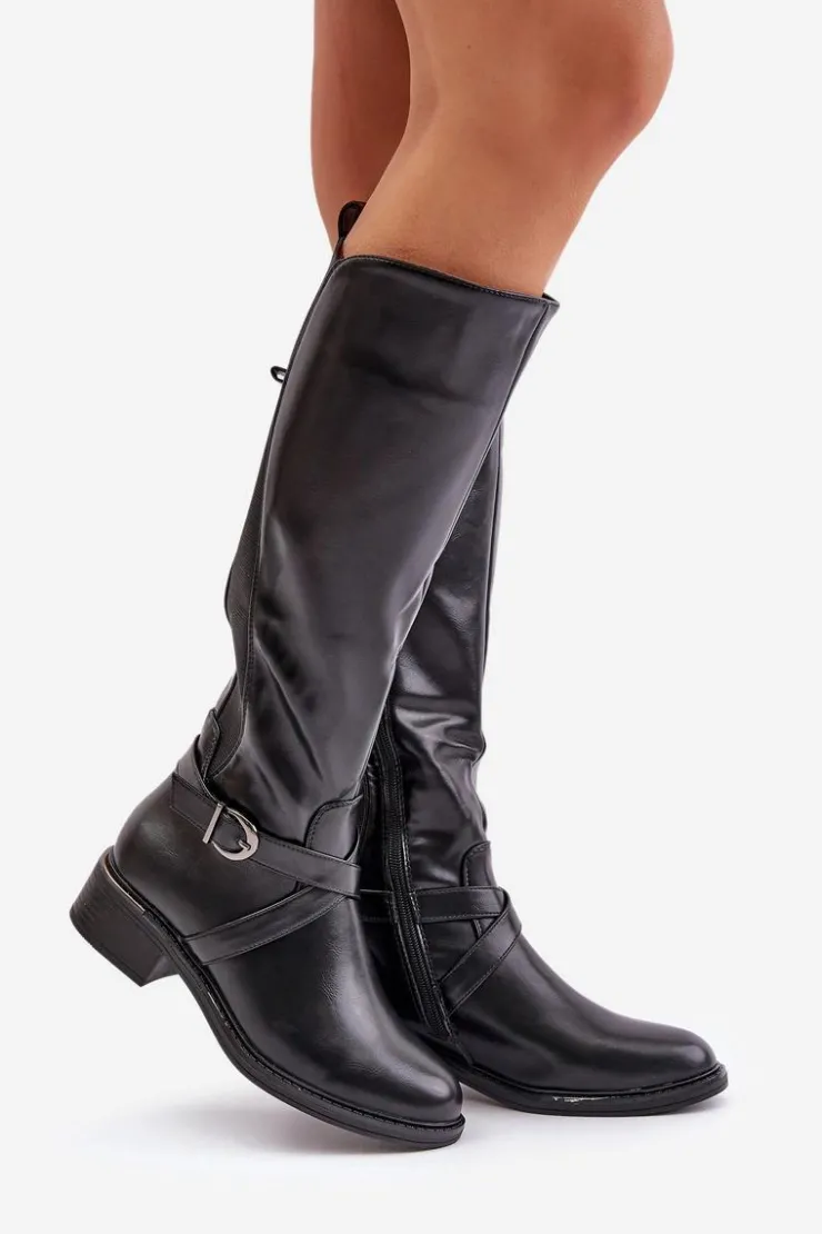 Discount Evento Ocieplane Kozaki Przed Kolano Z Klamrą Na Zamek Czarne Seavella