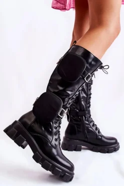 Best Boto Ocieplane Kozaki Z Torebkami Czarne Military