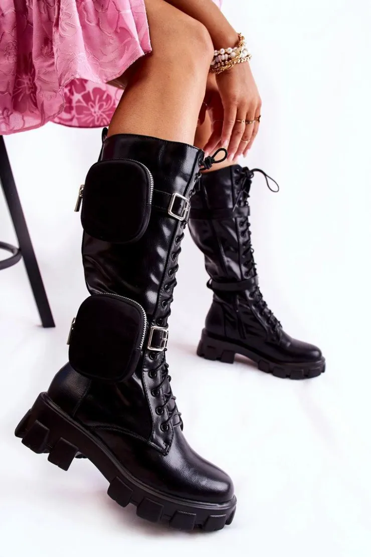 Best Boto Ocieplane Kozaki Z Torebkami Czarne Military