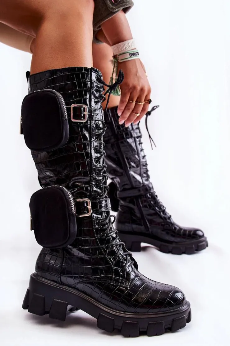 Boto Kozaki Płaskie|Kozaki Przed Kolano*Ocieplane Kozaki Z Torebkami I Zwierzęcym Wzorem Czarne Military