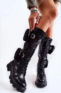 Boto Kozaki Płaskie|Kozaki Przed Kolano*Ocieplane Kozaki Z Torebkami I Zwierzęcym Wzorem Czarne Military