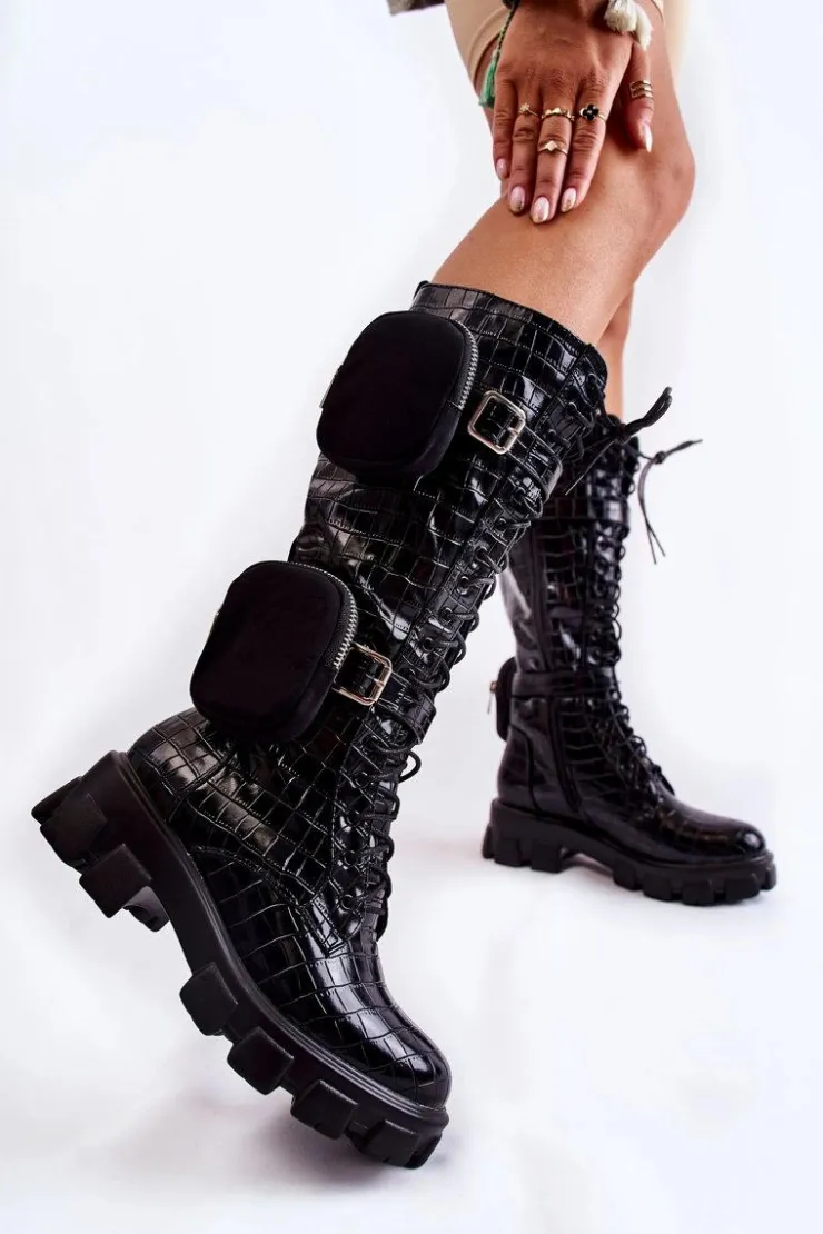 Boto Kozaki Płaskie|Kozaki Przed Kolano*Ocieplane Kozaki Z Torebkami I Zwierzęcym Wzorem Czarne Military