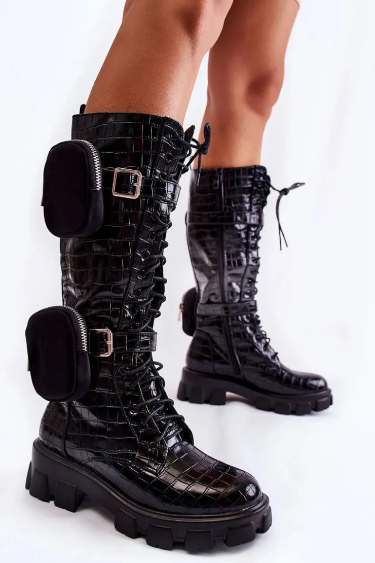 Boto Kozaki Płaskie|Kozaki Przed Kolano*Ocieplane Kozaki Z Torebkami I Zwierzęcym Wzorem Czarne Military