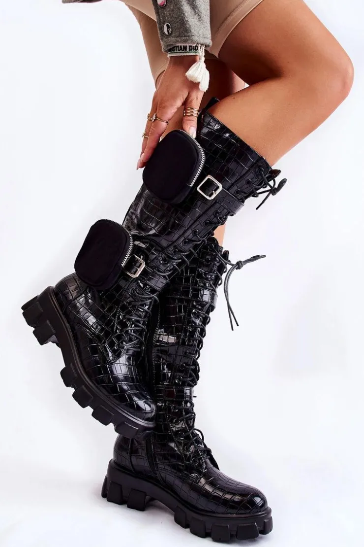 Boto Kozaki Płaskie|Kozaki Przed Kolano*Ocieplane Kozaki Z Torebkami I Zwierzęcym Wzorem Czarne Military